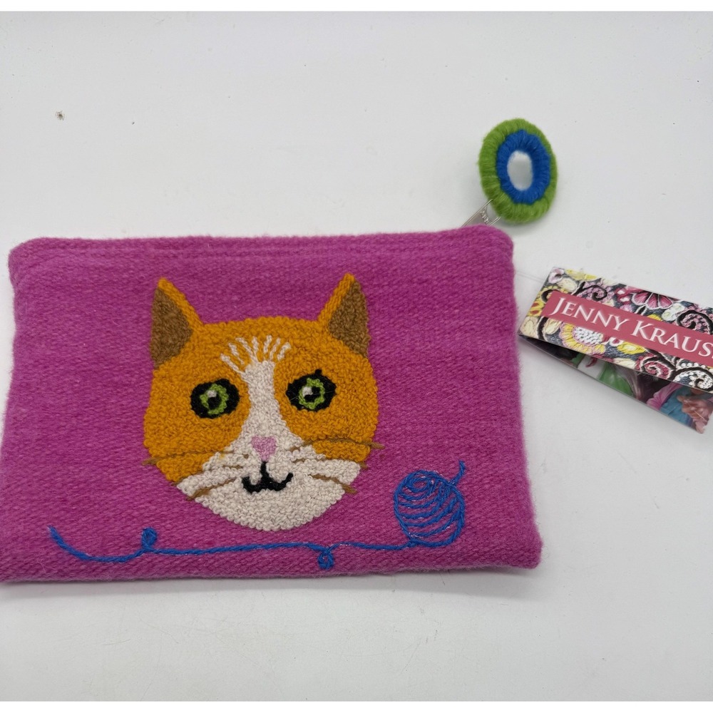 Jenny Krauss Cat Yarn Wool Embroidered Wallet Makeup Bag Purse Clutch New